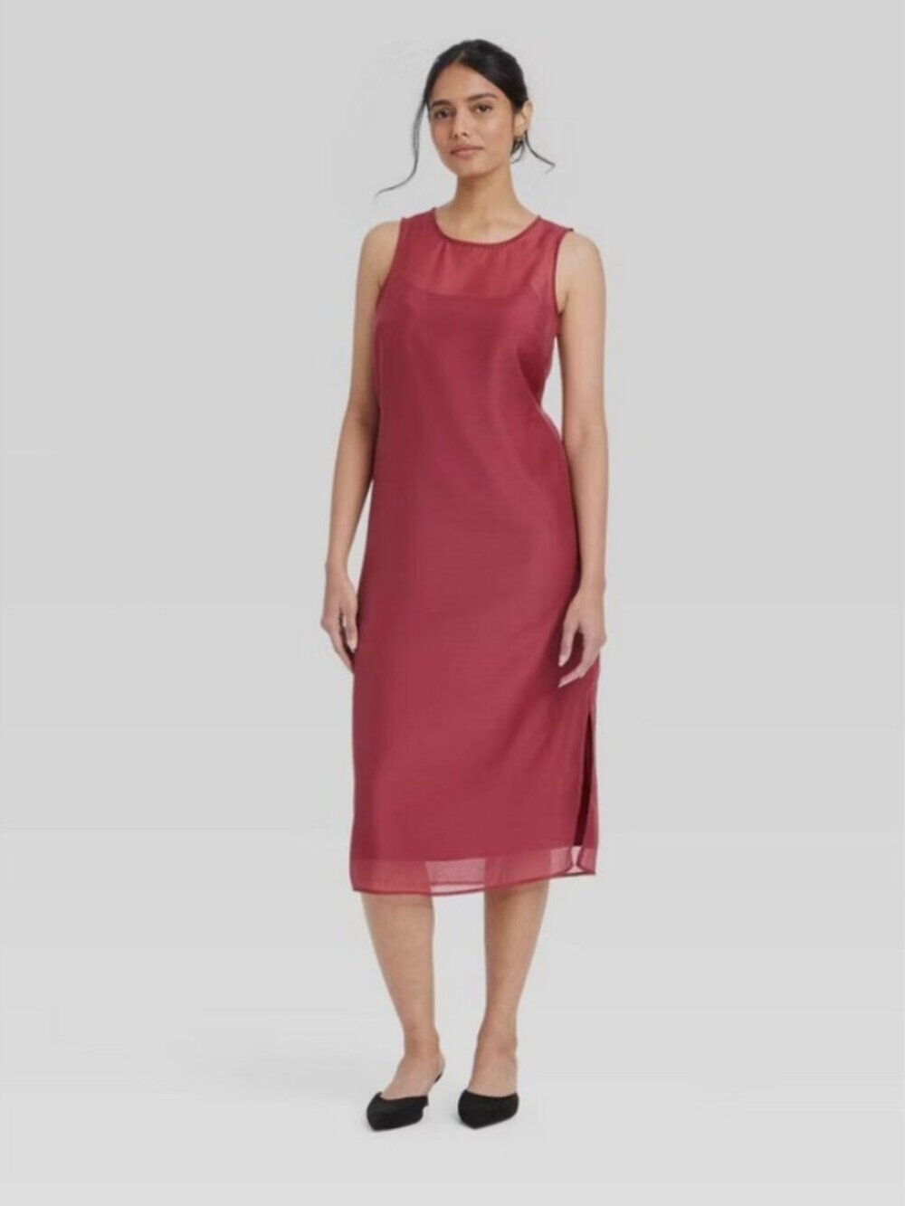 Women's Sheer Organza Midi Shift Dress - A New Day Burgundy XL